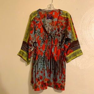 Johnny Was abstract silk embroidered blouse large